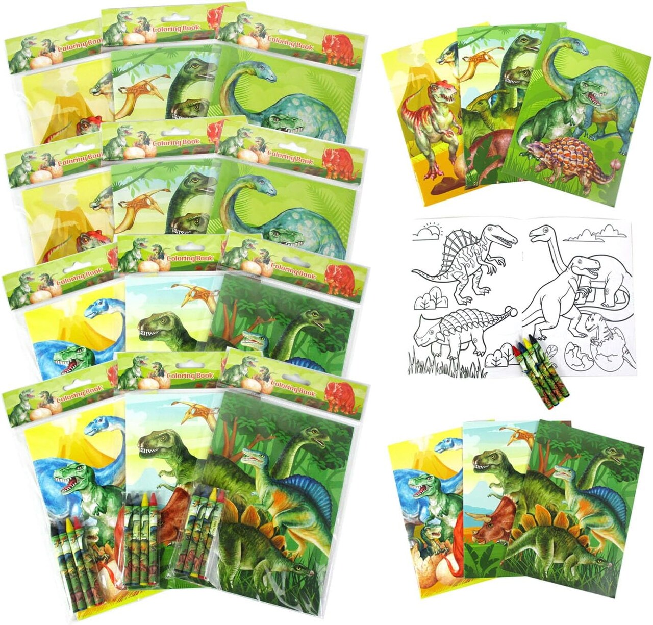 TINYMILLS Jurassic Dinosaur Coloring Book Set, 12 Books, 48 Crayons, Kids Activity Birthday Party Favors